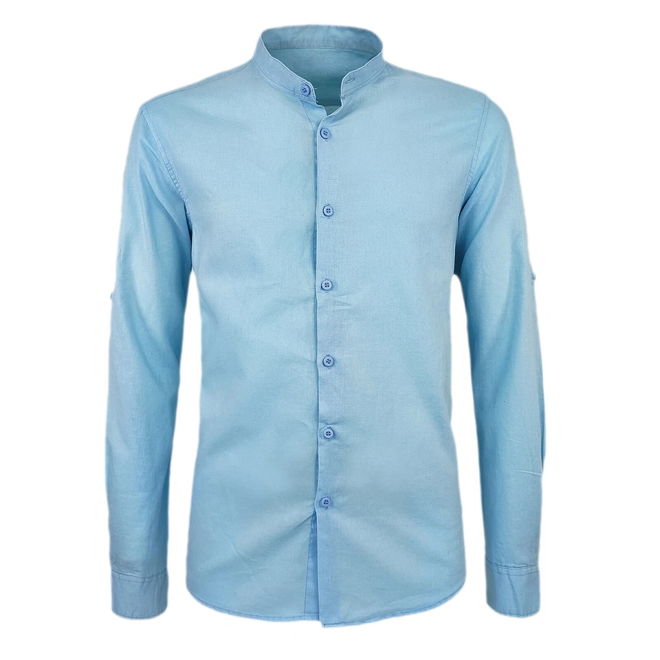 Camicia Uomo Di Lino Casual SlimFit Manica Lunga Collo Coreana Celeste Blu Veque - Immagine 3 di 4