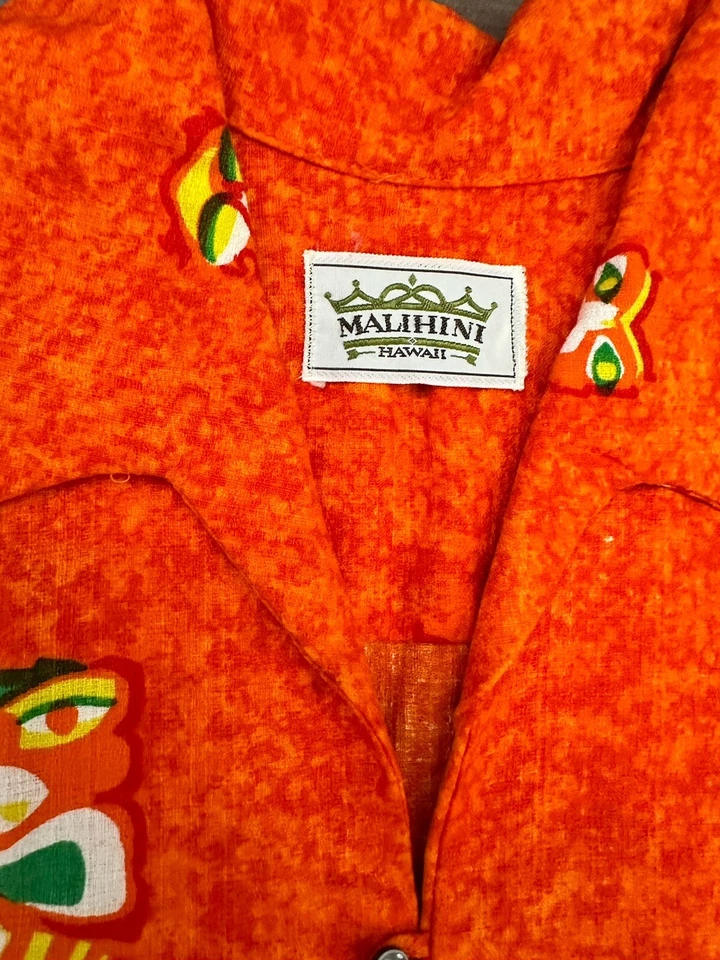 Vtg 60s 70s Malihini Hawaii Orange Tiki Totem Pole Faces Large Pull Over Shirt - Image 3 of 4