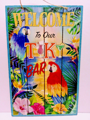 Wall Art Welcome to Our Tiki Bar Hanging Sign 14''x9'' Tropical Island Glitter