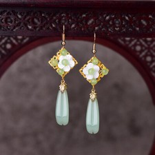 Green Jade Flower Earrings Women Gemstones Jewelry Natural 925 Silver Charms