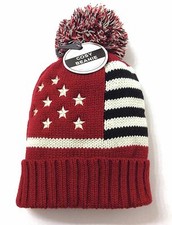 Women AMERICAN FLAG POM BEANIE Red/Ivory/Navy Winter Knit Stars Stripes Ski Hat