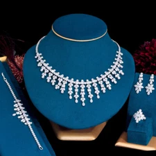 Silver Plated Cubic Zirconia Pageant Earrings Necklace Bracelet Ring Jewelry Set