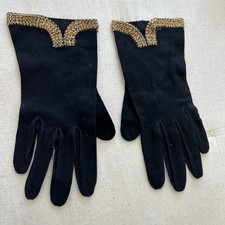 Vintage I Magnin  Co Absolutely Gorgeous Black  Gold Beaded Gloves Size S  