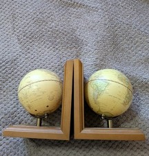 Antique Vintage Style Pair Spinning Globe World Bookends Book Ends Brown 