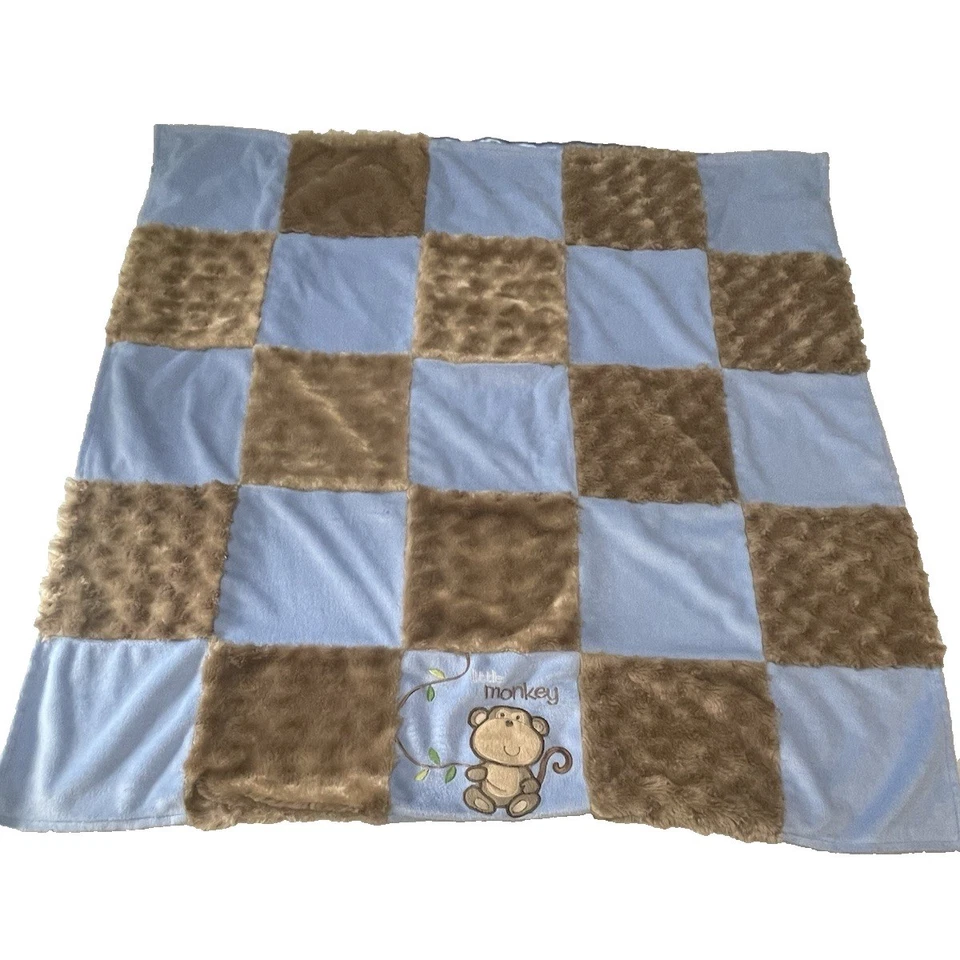 Baby Starters Blue Brown Little Monkey Boy Blanket Satin Patchwork Furry Squares - Image 2 of 4