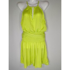 Do+Be Neon Green Smocked Waist Halter Neck Mini Dress Women's S Party Cocktail
