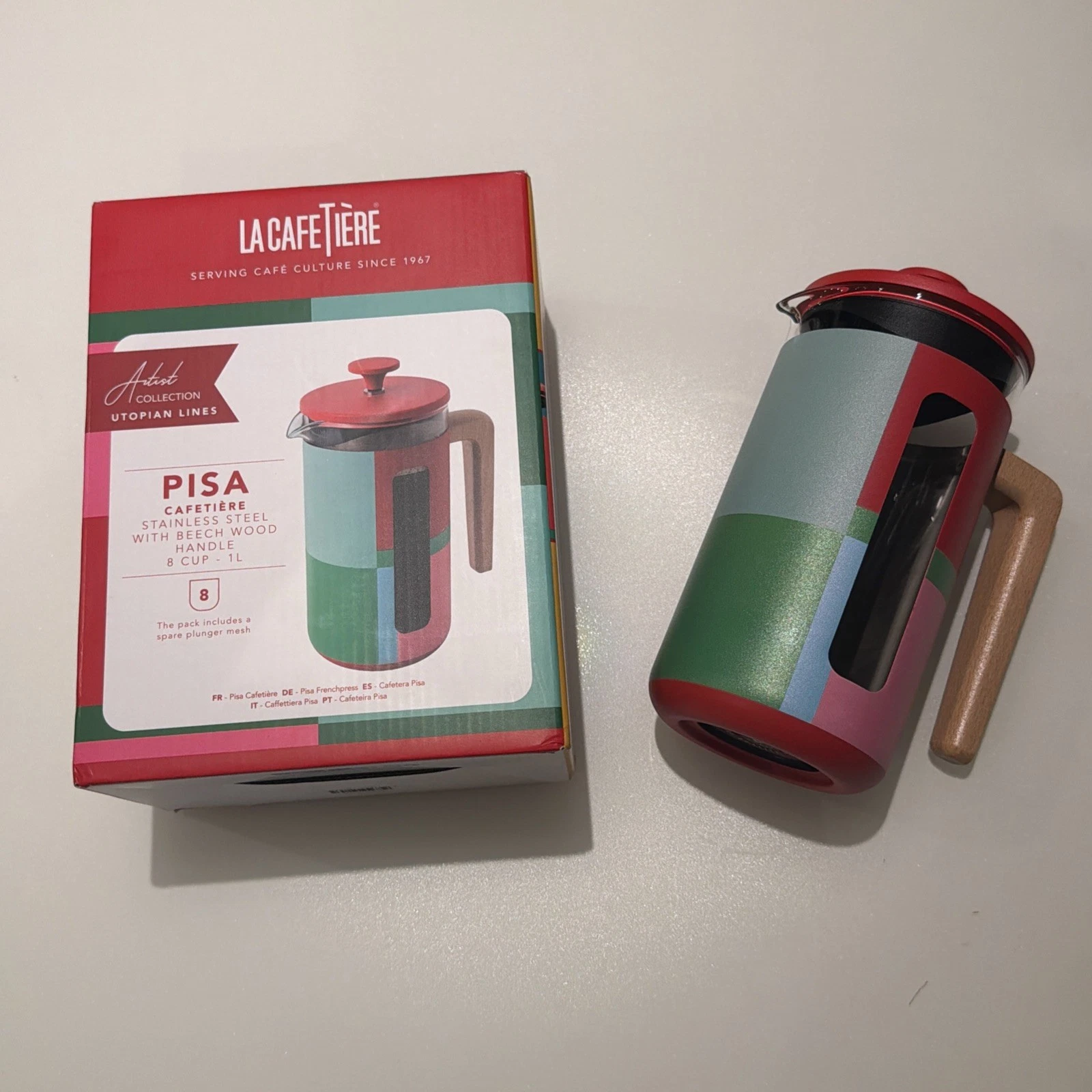 La Cafetière Pisa 8 Cup-1L Coffee Press Wood Handle Utopian Lines Artist Edition