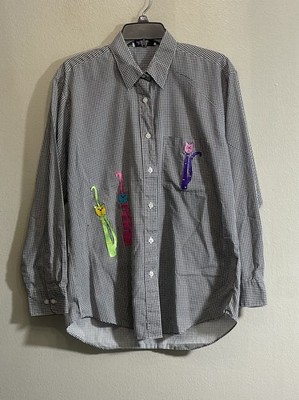 Vintage Las Olas Cats Embroidered Shirt Gingham Button Up Novelty Med