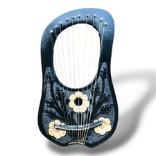 Handcrafted Black 10 String Lyre Harp with Floral Carving Free Key,Extra Strings