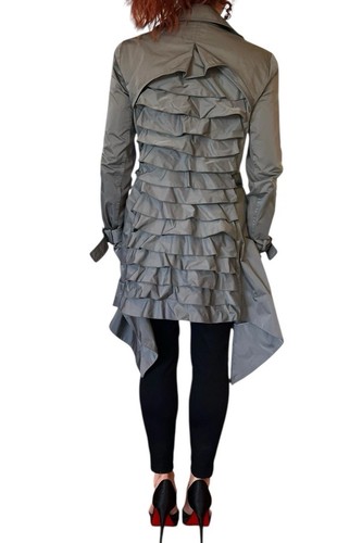 BCBG Max Azria Ophelia Trench Cappotto Doppiopetto Grigio Cintura Tafetta Ruffle S - Foto 7 di 10