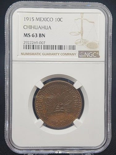1915 MEXICO 10 CENTAVOS 10C CHIHUAHUA NGC MS 64 BN  BEAUTIFUL COIN