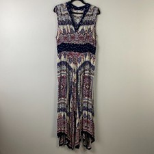 Bila Handkerchief Hem Maxi Dress Size XL Sleeveless V Neck Navy Floral Multi
