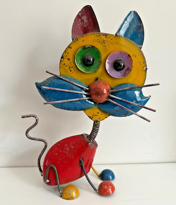 Metal Colorful Cat with Spring To Bobble Head & Tail Outdoor Handmade 16inch