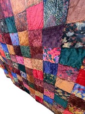 Vtg Velvet Patchwork Quilt Bedspread Q/King B...