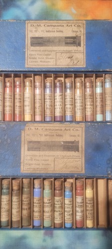 CHINA POWDER PAINT VIALS FROM 1890/1920 IN THE ORIGINAL BOXES 22 OF THE 24 VIALS