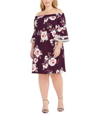Love Squared Womens Floral Off-Shoulder Dress, Purple, Plus Size, 2X