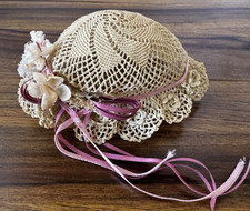 Vintage Crochet Doll Bonnet Hat Lace Floral Trim Pink Ribbon 7.75 IN Circ.