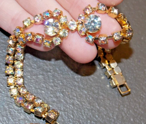 Vintage AB Rhinestone Prong Set Goldtone Bracelet Costume Jewelry