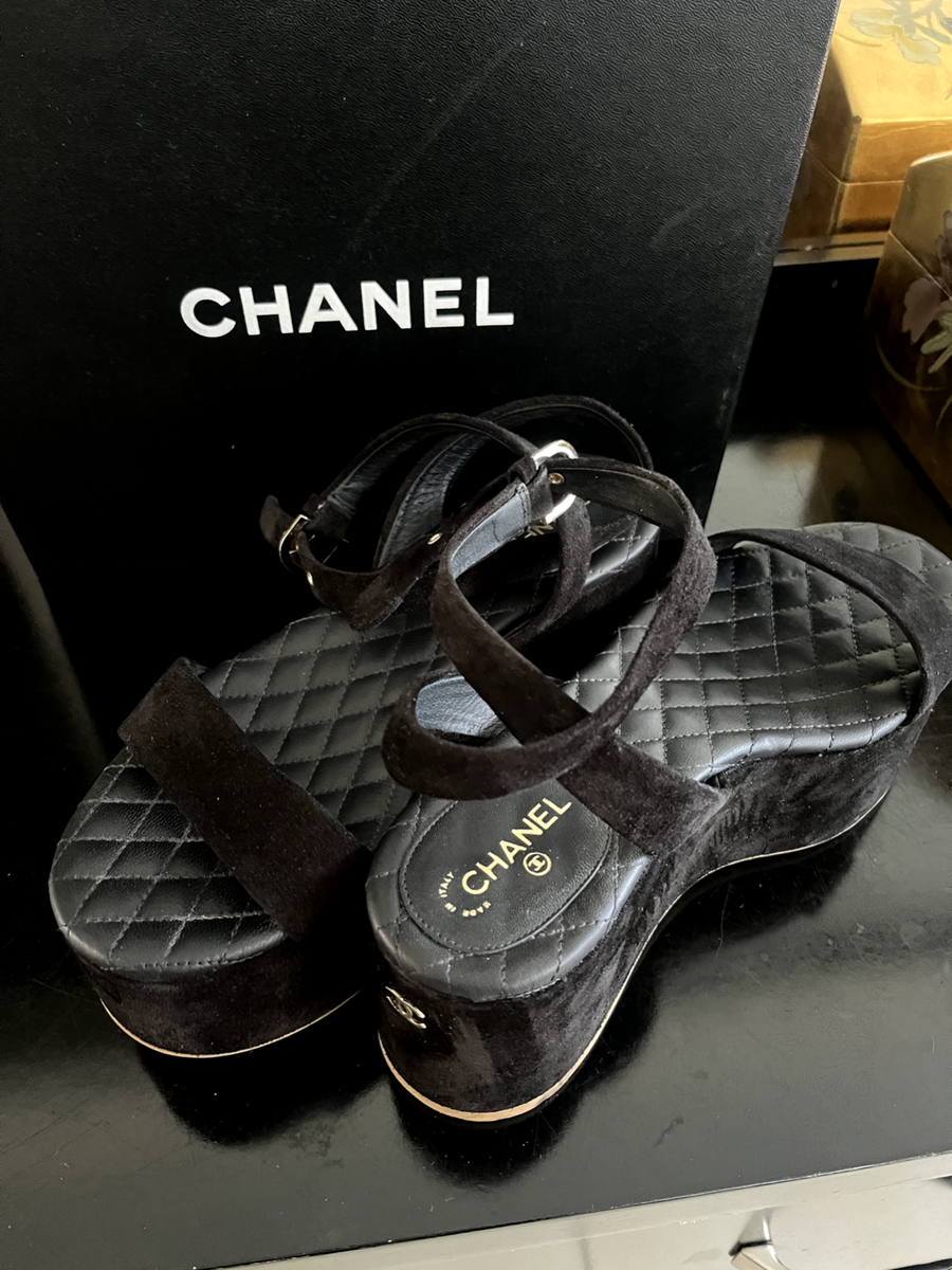 CHANEL Black Suede Platform Sandals 10B/Size 9 100%Authentic. | eBay