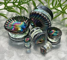 PAIR Black Pearl Seashell Glass Double Flare Plugs Sea Shell Tunnels Gauges