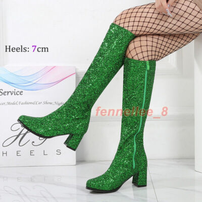 Women Glitter Sequins Knee High Boots Chunky Heel Pumps Booties Plus Size 46