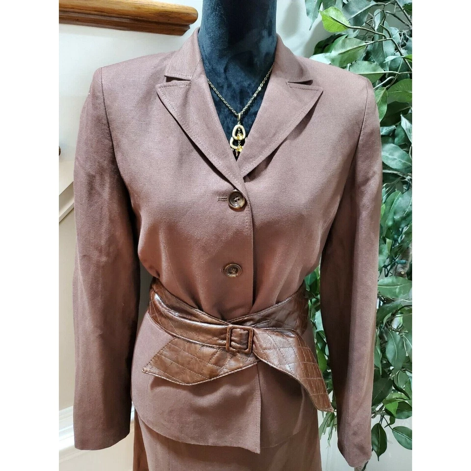 Chaqueta y falda Evan Picone para mujer marrón lino y rayón manga larga 2 piezas traje 6 Foto 2 de 4