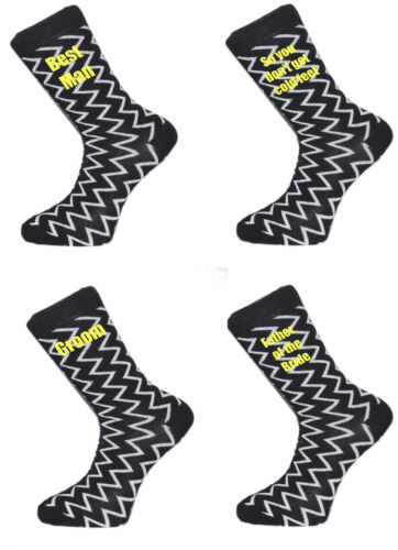 Black Cotton Wedding Socks-WHT Zig Zag Design Yellow text, Groom,Best Man,Usher - Picture 1 of 19