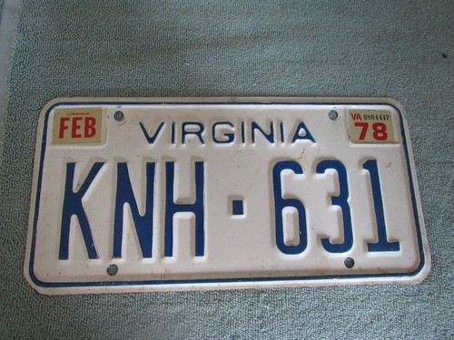 Virginia License Plate KNH 631 White & Blue 1978
