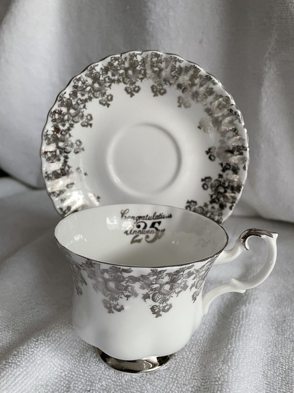 ROYAL ALBERT Bone China Teacup & Saucer Silver Congratulations 25th Anniversary
