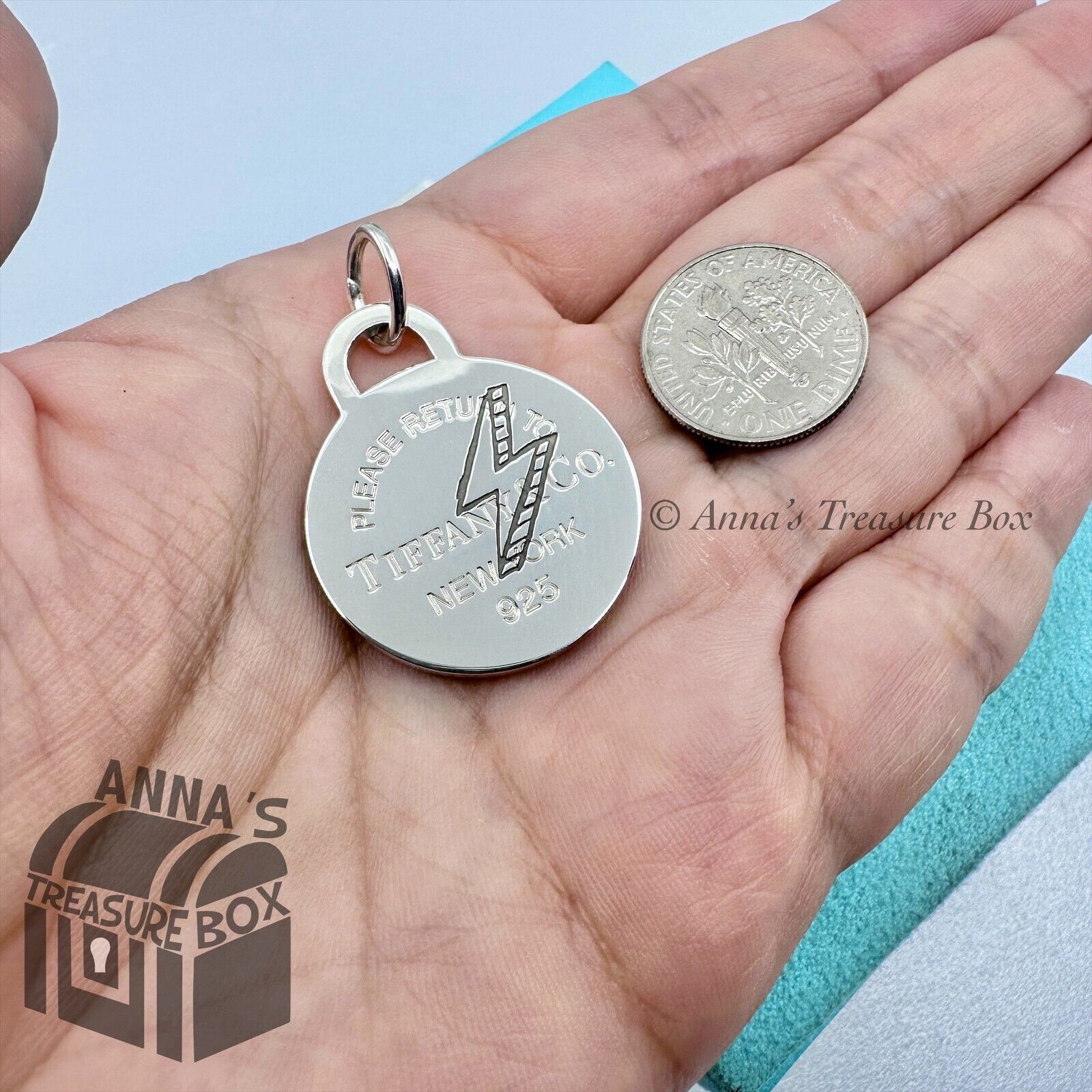 Tiffany & Co. 925 Silver LARGE Lightning Bolt RTT Round Tag Charm (Bx