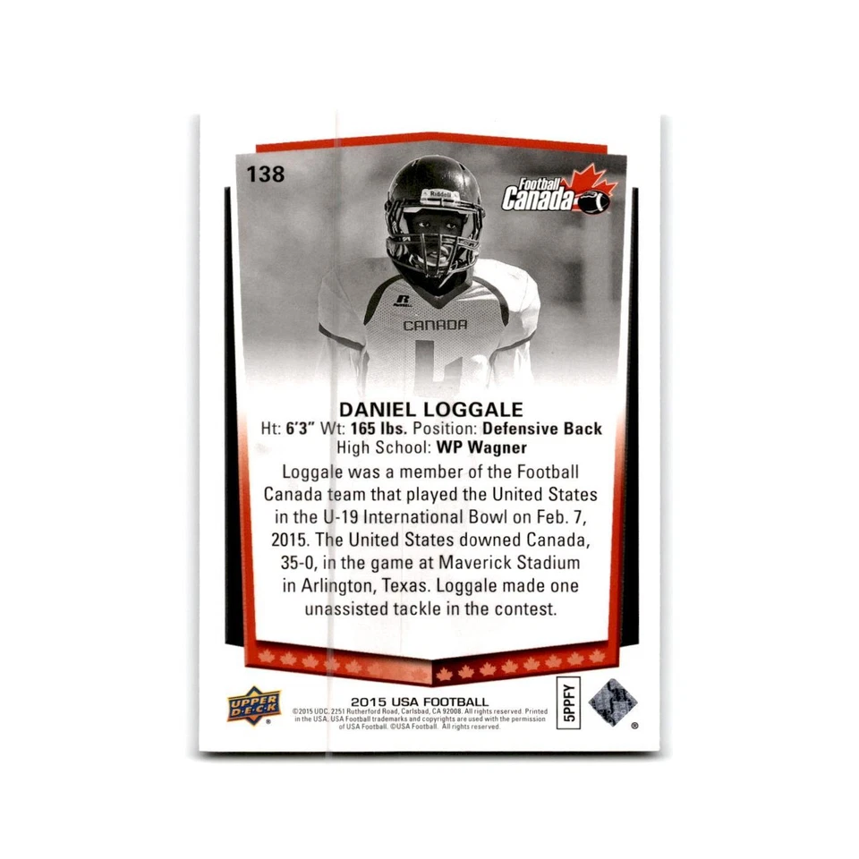 Daniel Loggale 2015 Upper Deck USA #138 Canada Football Card NM - Image 2 of 3