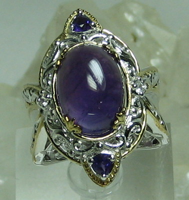 SHOPNBC Amethyst Cabochon w/Trillion Accents White Sapphire 925 18K GP Ring SZ 7