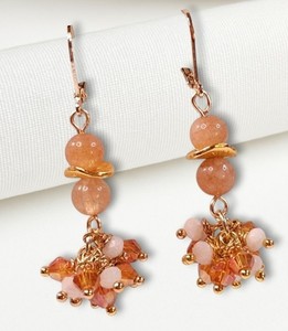 Authentic Peach Moonstone & White Moonstone Cluster Crystal Earrings 14K Gold Plated