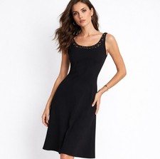 Jones New York Black Beaded Neck Dress Size 8 Sleeveless A-Line Cocktail Evening