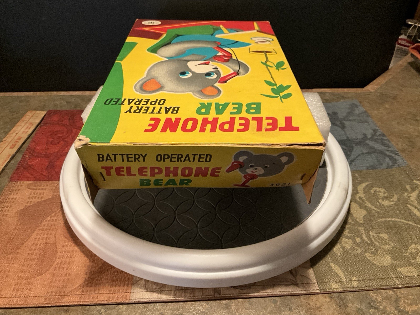 Vintage Modern Toys Tin Battery Operated Telephone Bear Original Box Top 1960s