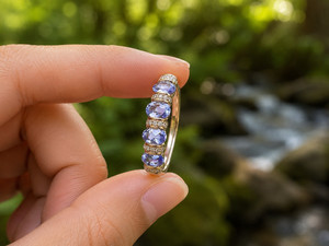 Authentic 2Ct Oval Cut Lab Created Blue Tanzanite Wedding Band Ring 14K Yellow Gold Plated