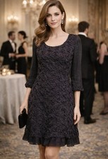 New Women BLACK TEXTURED FLOWERS EVENING DRESS 3/4 Sleeve Event Embellished NWT