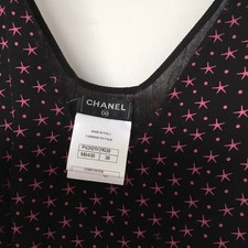 CHANEL Silk Starfish CC Logo Print Dress Black Pink Ruffle Size 38 SR2276