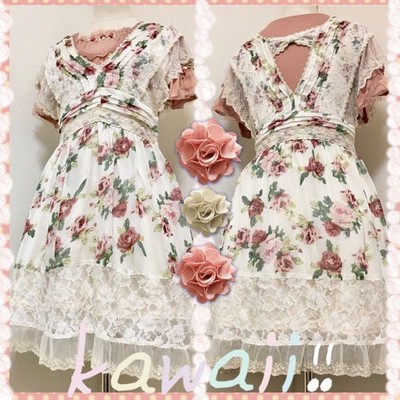 Axes Femme Floral Lace Dress and Rose Motif V-Neck Top Two-Piece Set M Japan