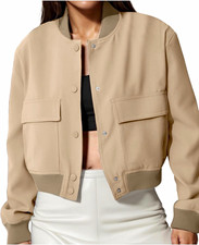 Beige Cropped Bomber Jacket Women’s S Snap Button Front Ribbed Collar Pockets
