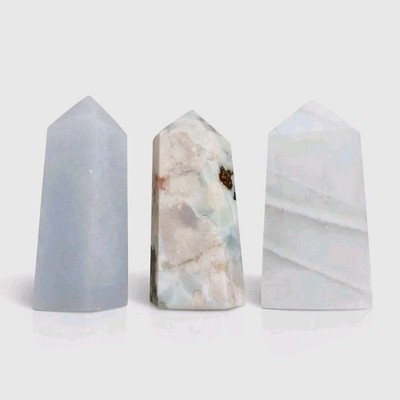 Lot Of 3 Towers Blue Angelite, Green Flower Agate & Blue Moonstone - USA