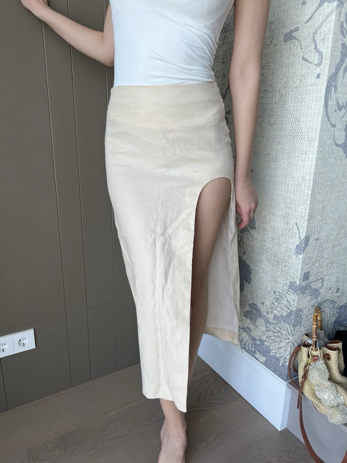 Zara Pencil Midi Skirt, Beige Solid Linen Woven, High Rise Slit, Size S
