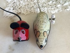 Vtg Set 2 Kinzoku K  Tone Metal Tin Litho Toys Red Mouse  Cream Mouse