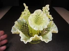 Vintage Fenton Vaseline Topaz Opalescent Hobnail Uranium Glass 3 Flower Epergne