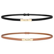 2 Pack Genuine Leather Skinny Belt Adjustable Thin Waist Belt for Jeans Pants...