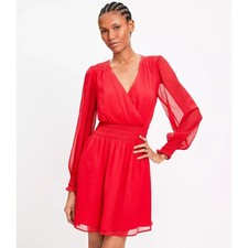 NWT LOFT Red Chiffon Mini Dress Smocked Small V Neck Crossover Wedding Guest 