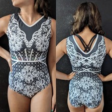 GK Elite Gymnastics Leotard Blooming Beauty Gray White Printed Size AM