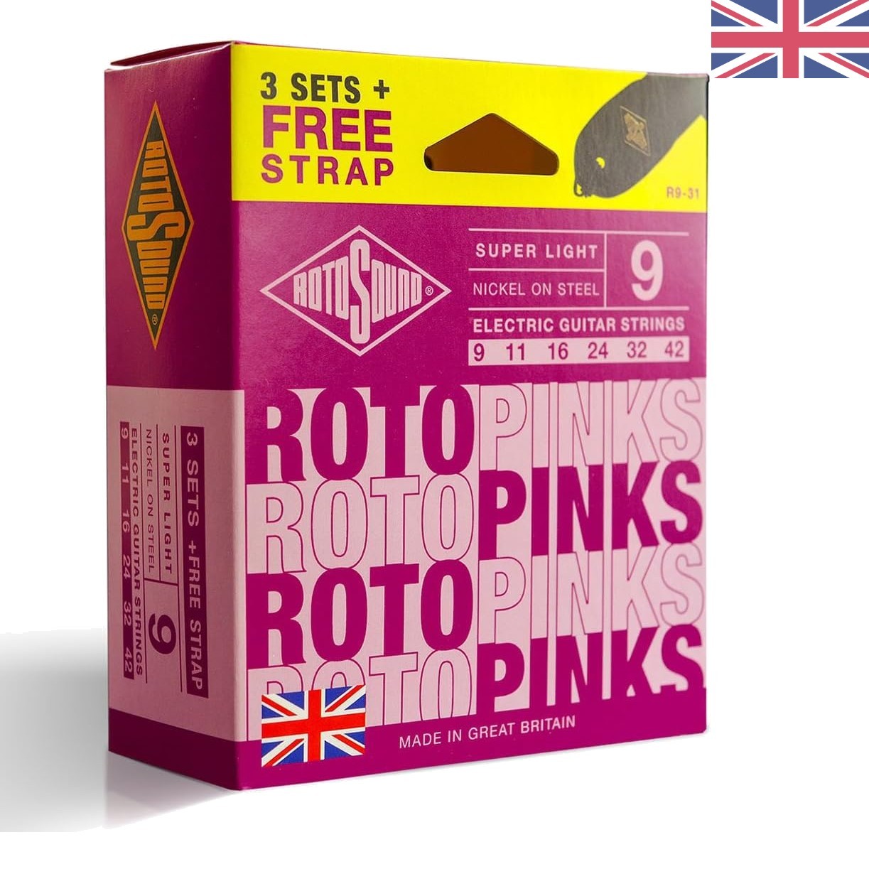 Roto Nickel-Plated Electric Guitar Strings Set of 3 with Strap - 9-42 Gauge