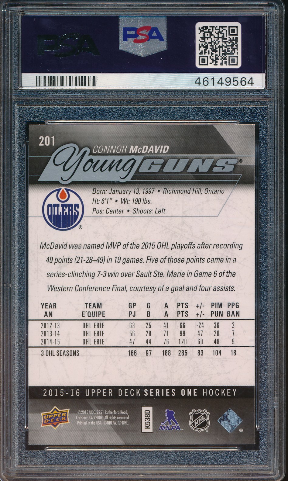 2015-16 Upper Deck #201 Connor McDavid Young Guns RC Rookie PSA 9 46149564 view 2