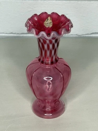 VTG Fenton Cranberry Glass Vase Opalescent Coin Dot Optic Pattern Ruffled Top